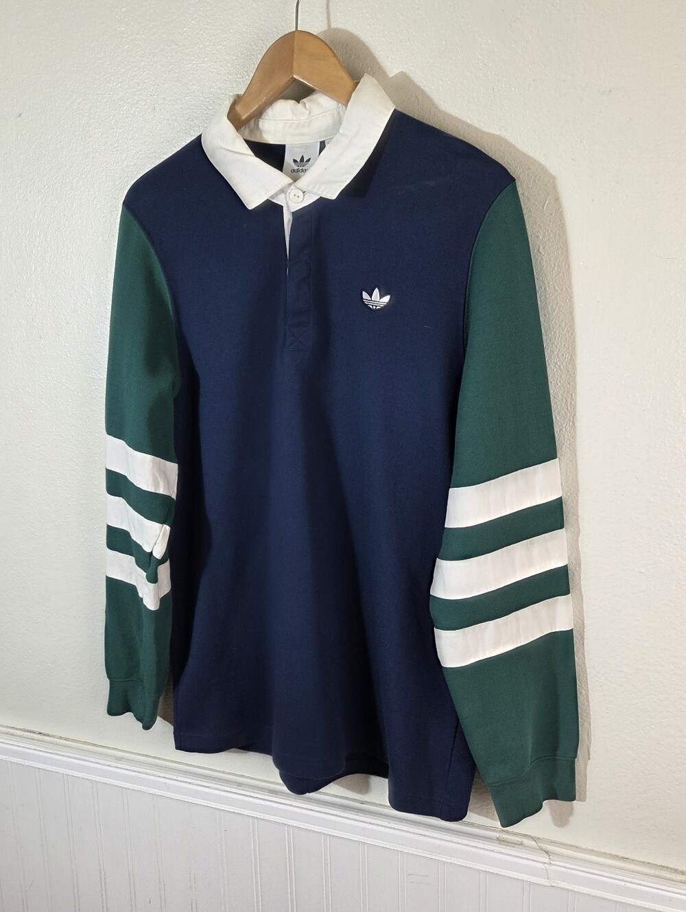 Adidas Originals Mens M Long Sleeve Rugby Shirt Trefoil Navy Green White